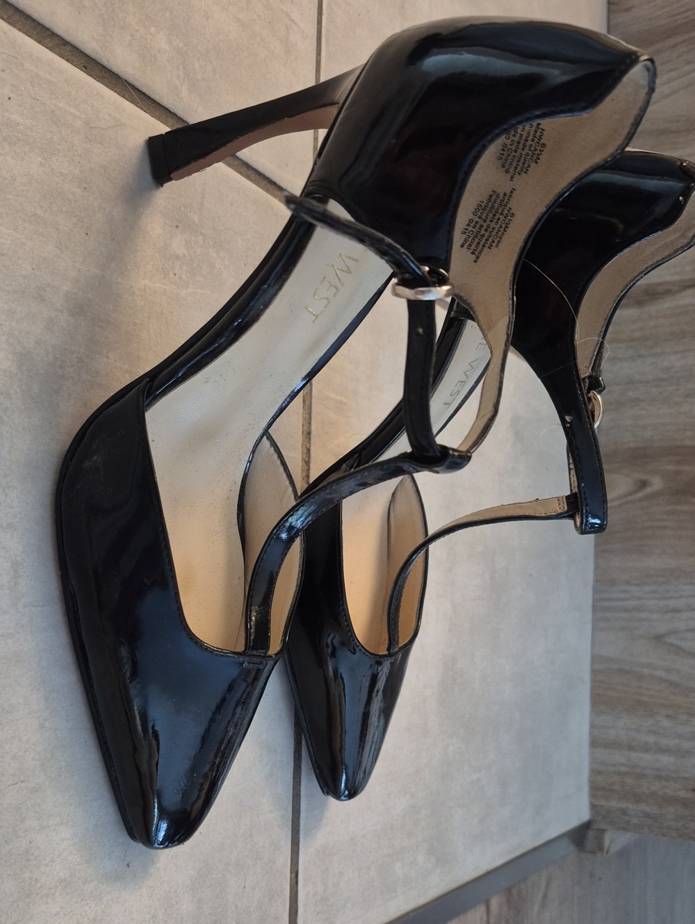 Nine West Black Patent T-Strap Pointed Pumps